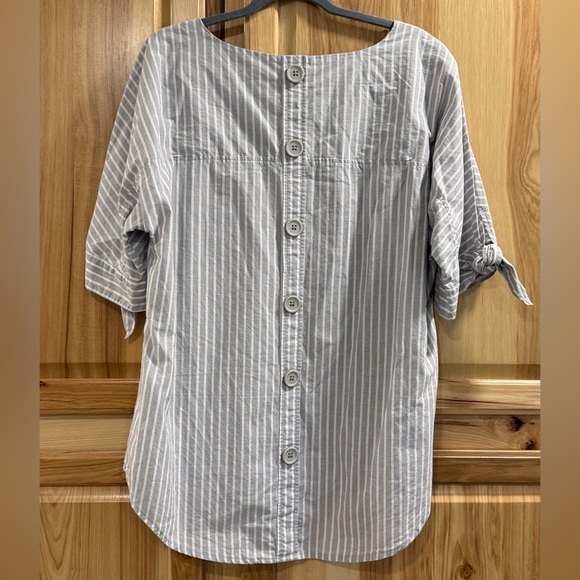 ravel Tops - Ravel Gray White Button Back Striped Square-Neck Cotton Lagenlook Tunic Sz XL